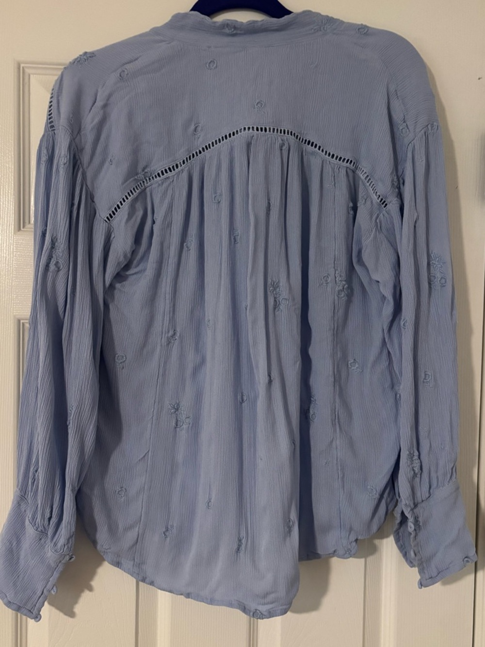 Free People Wishful Moments Tie Neck Blouse Blue Embroidered Long Sleeve Top M - Picture 4 of 4